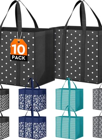 Fab totes 10 Pack Reusable Grocery Bags for Groceries 35L Large Capacity Heavy Duty Waterproof Tote Bags for Shopping and Picnic with Sturdy Handles